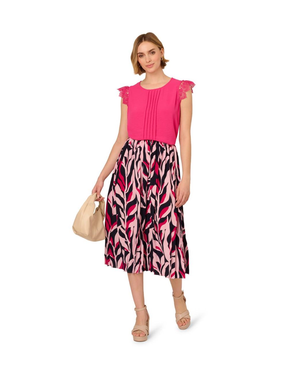 Adrianna Papell Red Printed Pull On A-Line Pleated Skirt