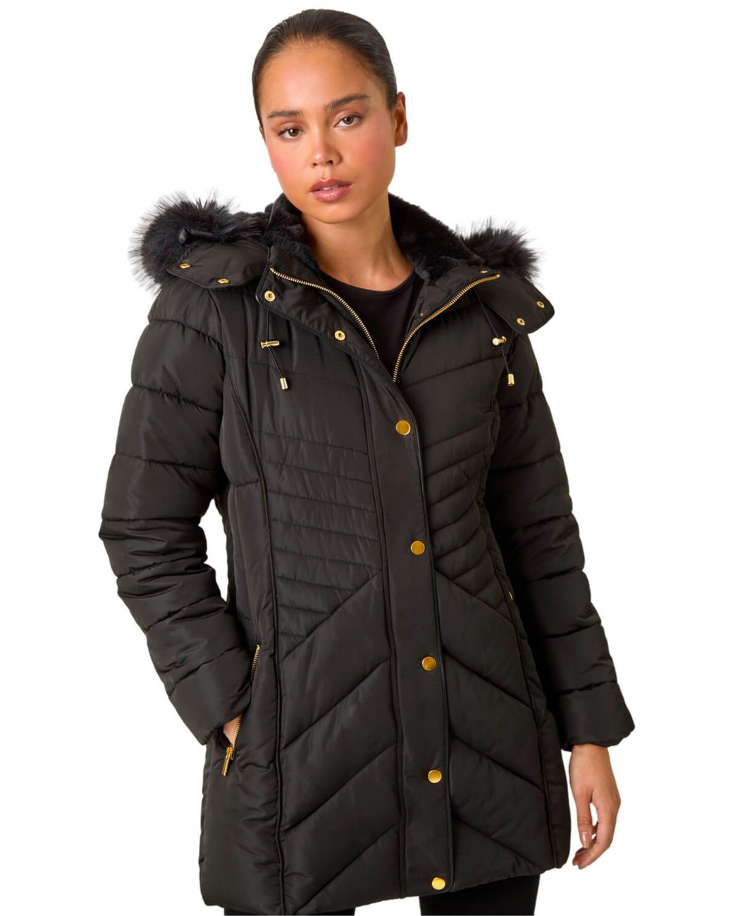 Roman Black Petite Hooded Longline Quilted Coat
