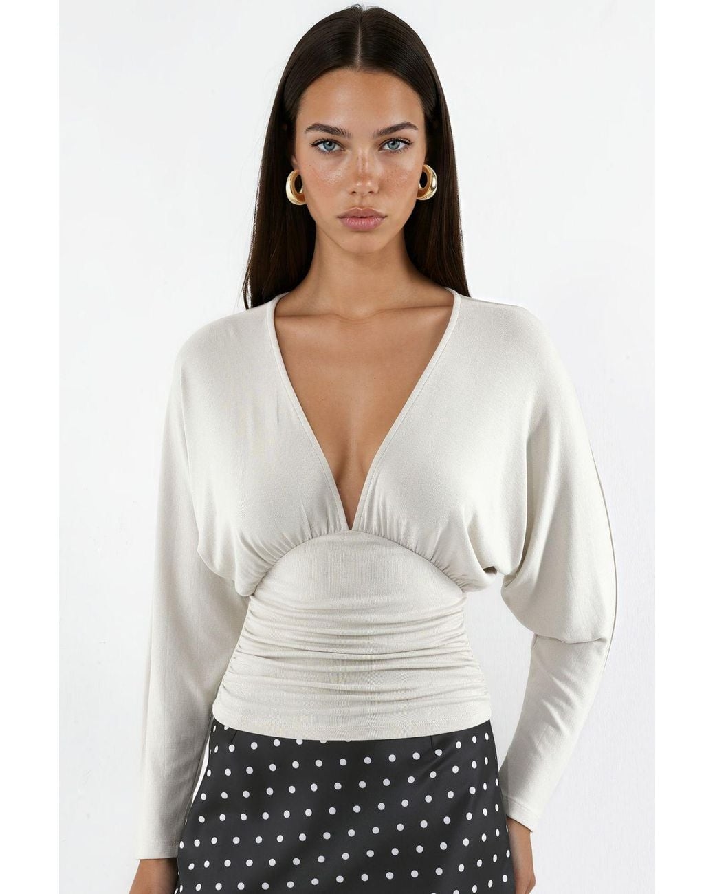 Hiccup White Relaxed Fit V-Neck Knit Blouse