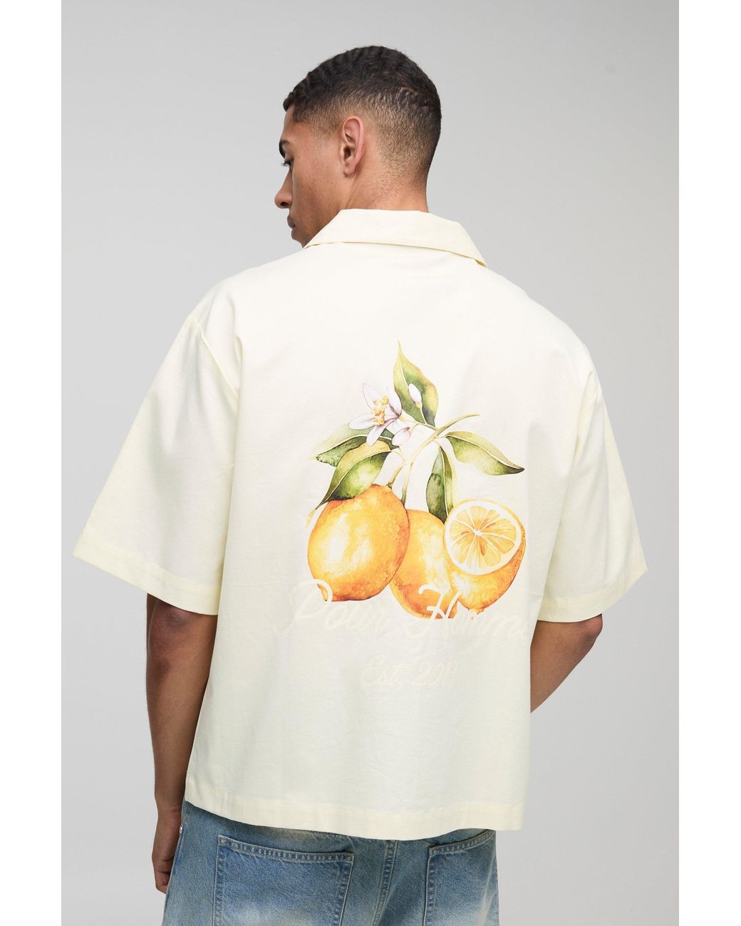 BoohooMAN Natural Oversized Lemon Printed Revere Shirt for men