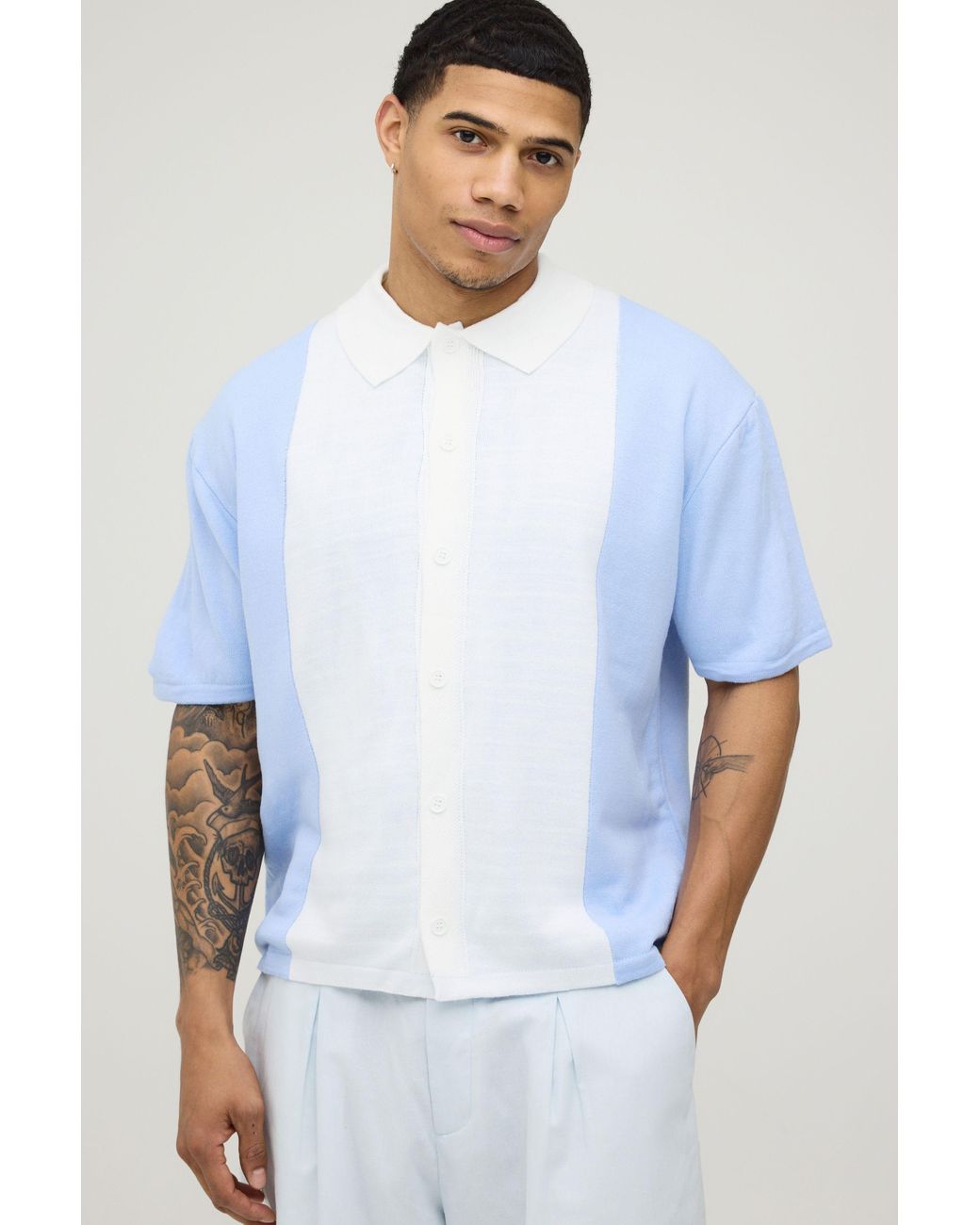 BoohooMAN White Relaxed Boxy Colour Block Knitted Shirt for men