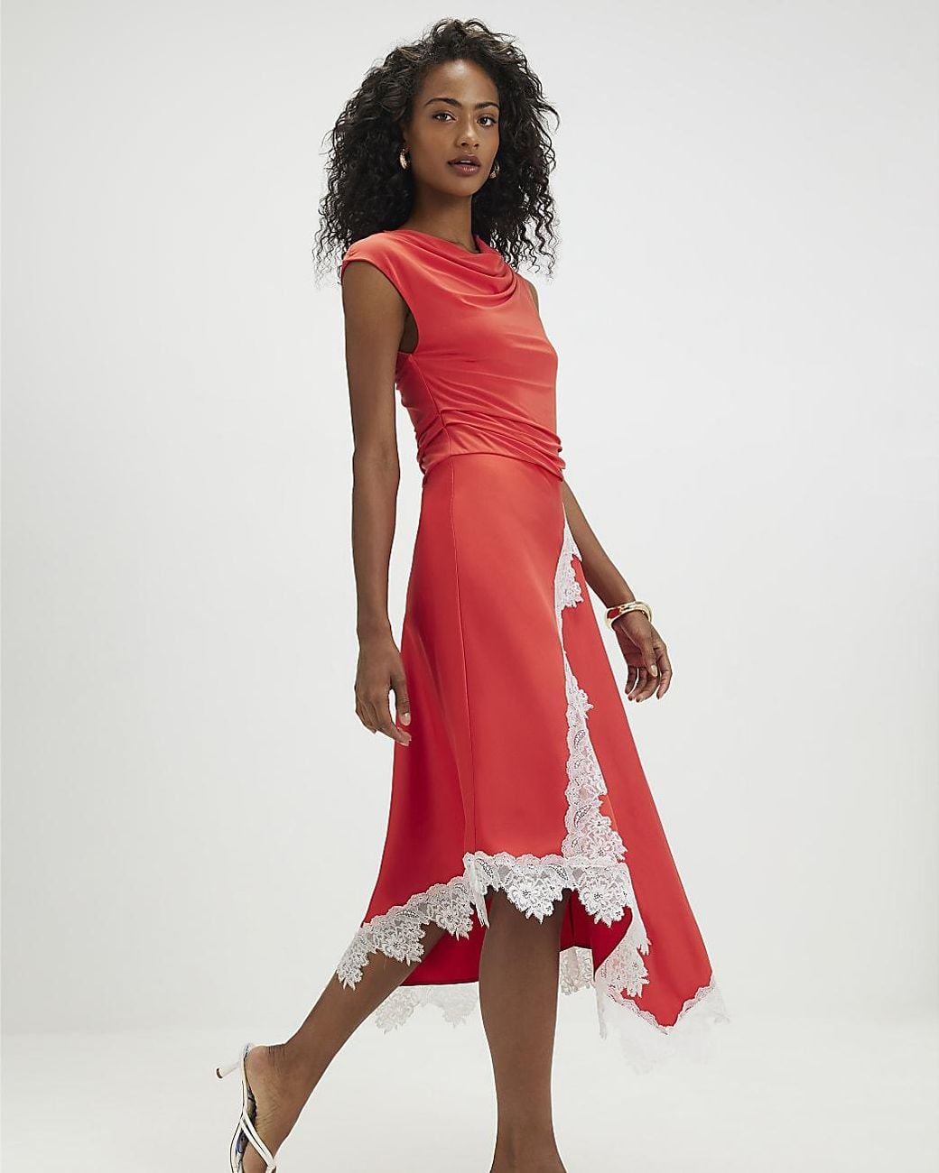 River Island Red Midi Dress Short Sleeve Lace Hybrid