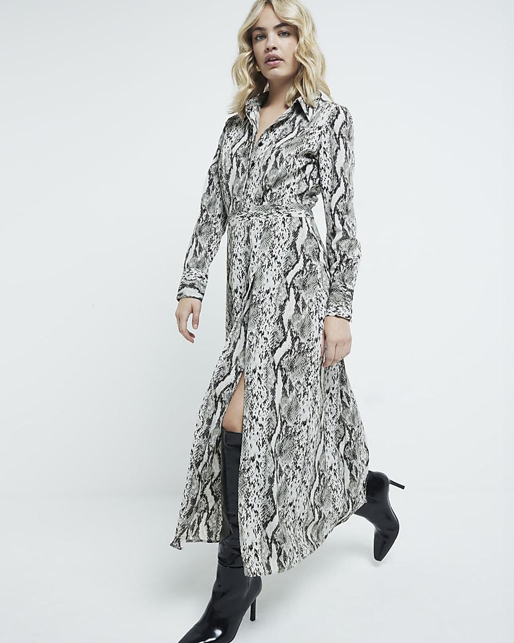 River Island White Long Sleeve Snake Print Shirt Midi Dress