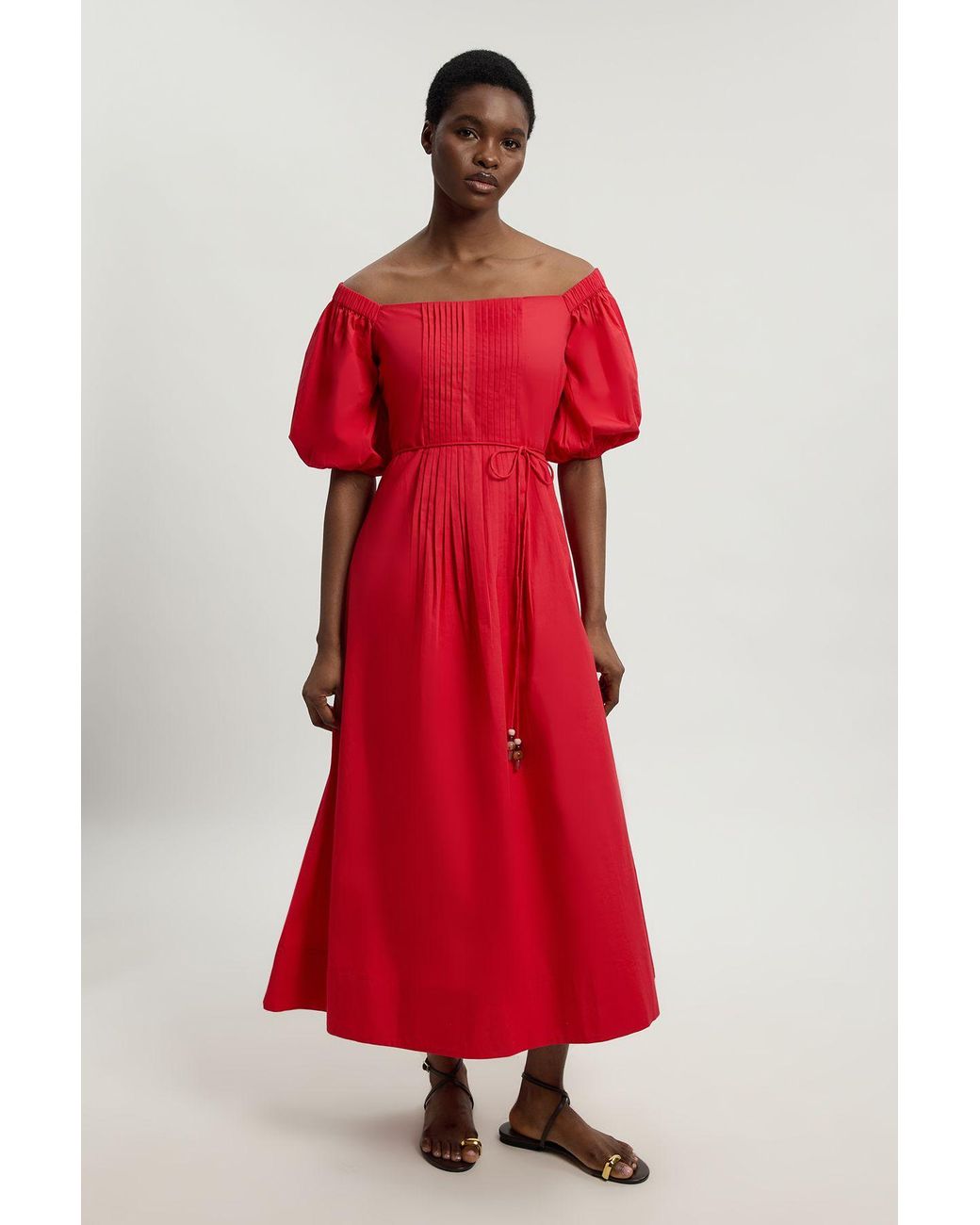 Karen Millen Red Bead Detail Cotton Poplin Bardot Midi Dress