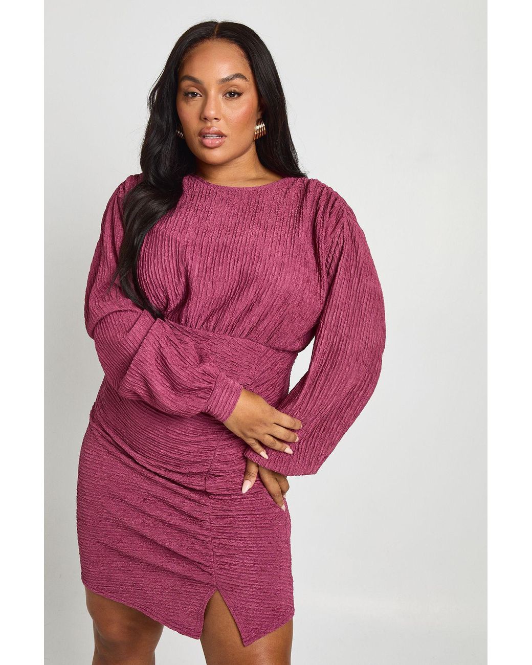 Boohoo Plus Crinkle Textured Ruched Long Sleeve Mini Dress