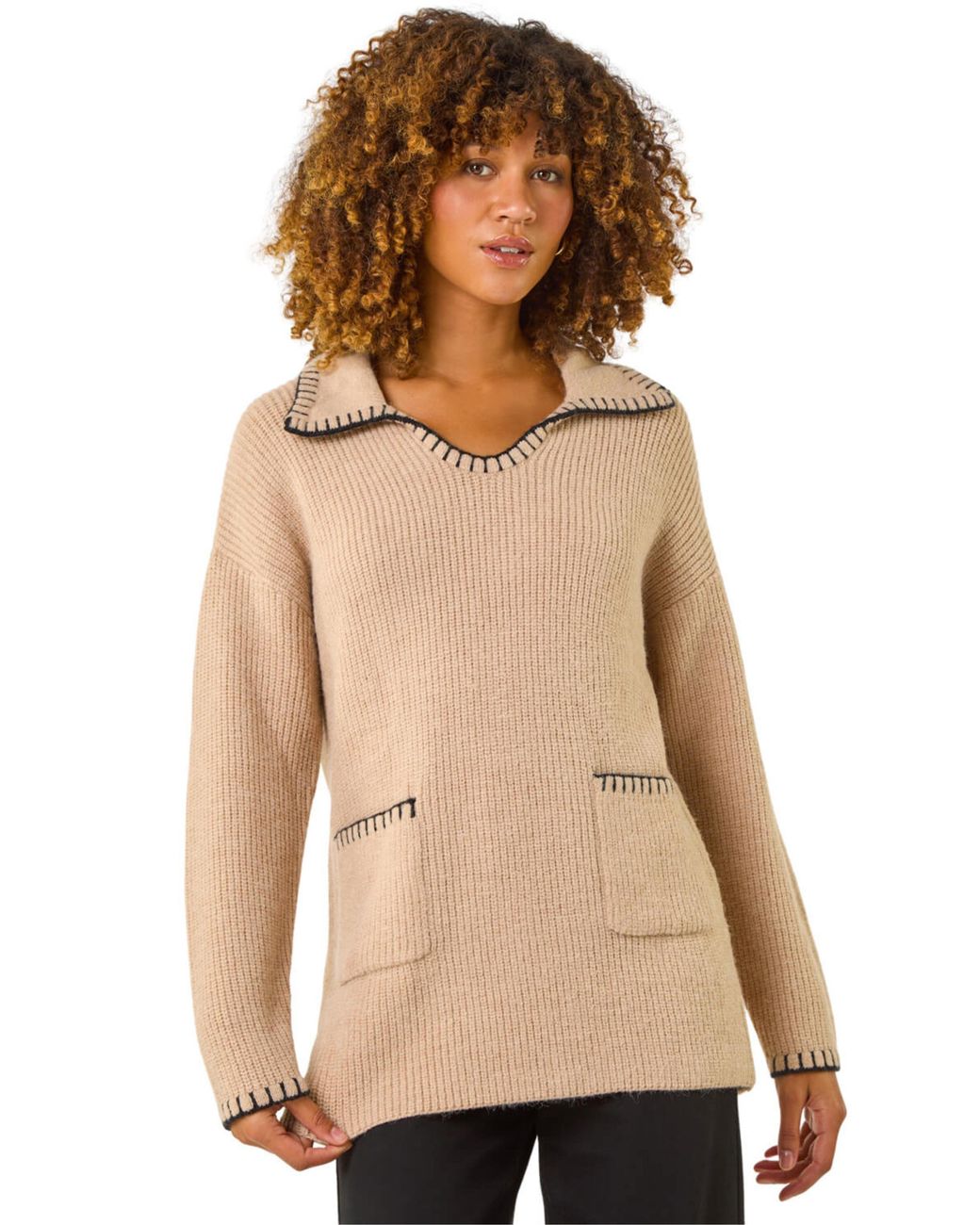 Roman Natural Blanket Stitch Collared Jumper