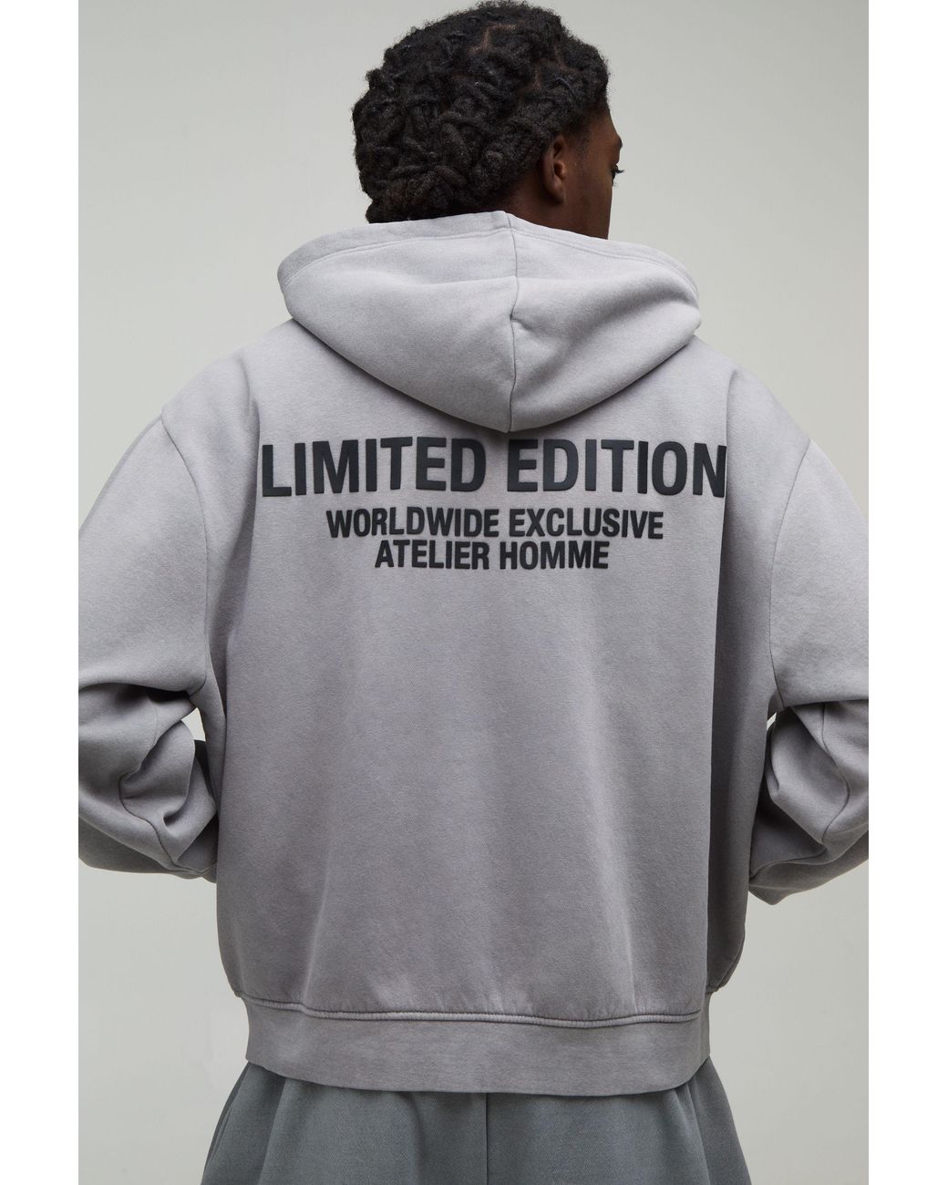 BoohooMAN Gray Oversized Boxy Limited Edition Washed Raised Text Zip Through Hoodie for men