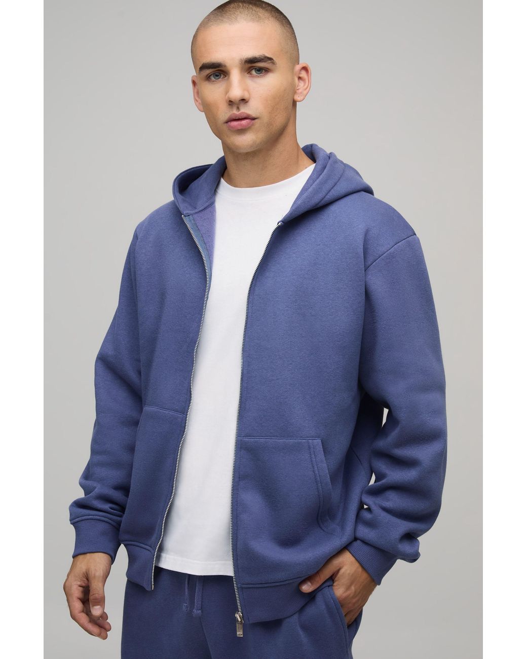BoohooMAN Blue Basic Regular Fit Zip Through Hoodie for men