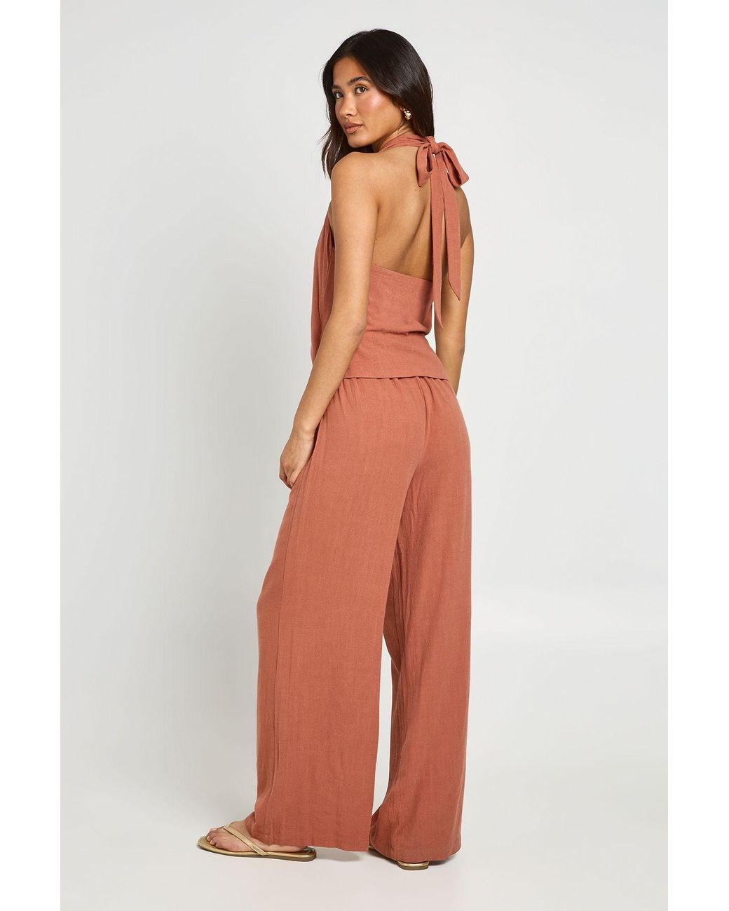 Boohoo White Halterneck Linen Look Knot Front Wide Leg Jumpsuit