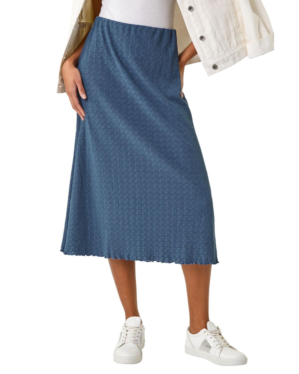 Roman Blue Textured Fluted Hem Midi Skirt