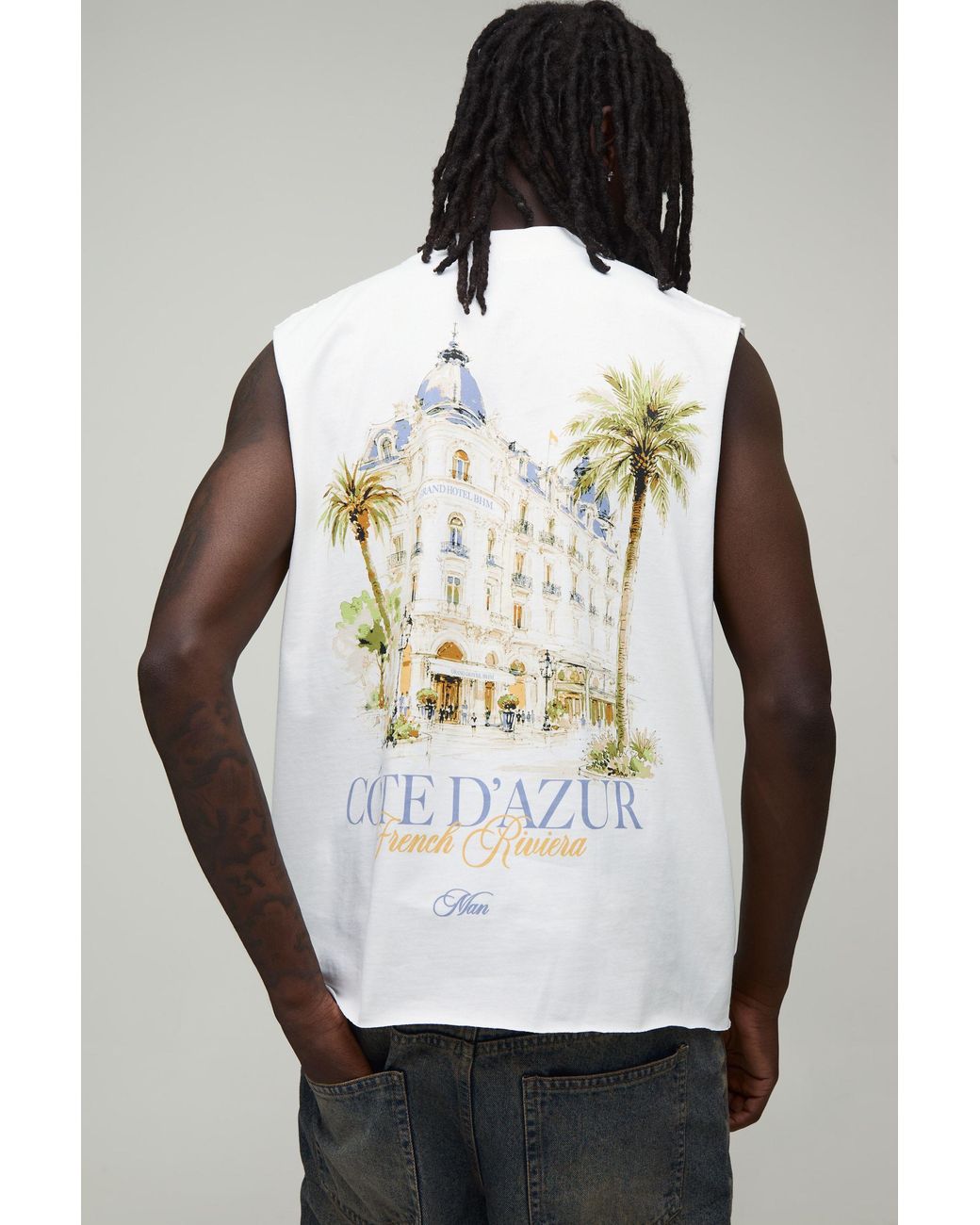 BoohooMAN Black Oversized Boxy French Riviera Print Tank Cotton for men