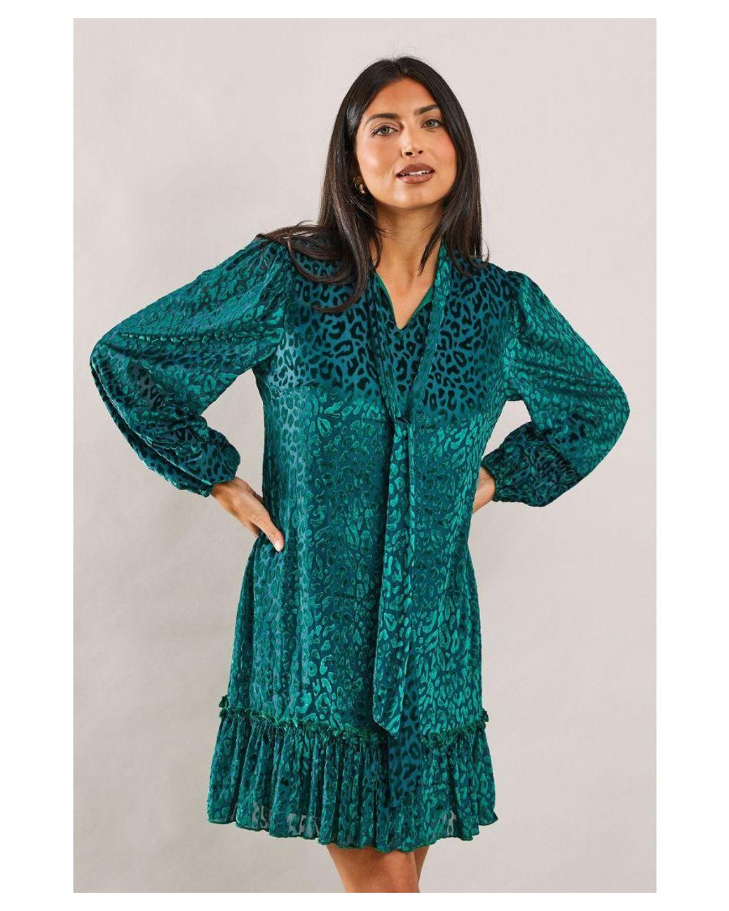 Wallis Blue Animal Burnout Tie Neck Dress