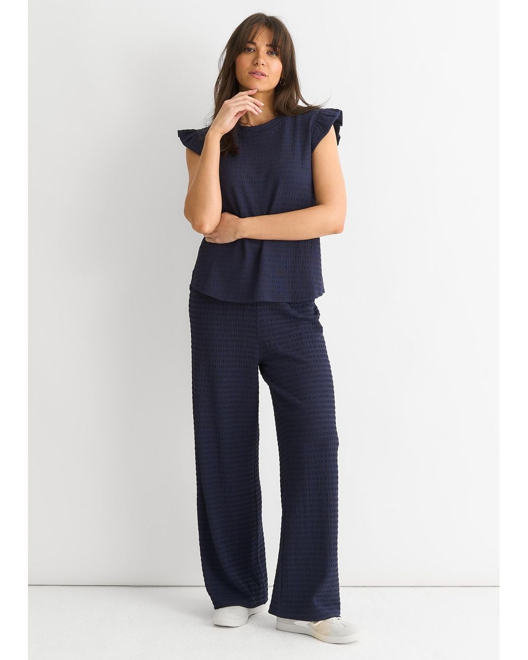 Gini London Blue Frill Sleeves Textured Oversized Top