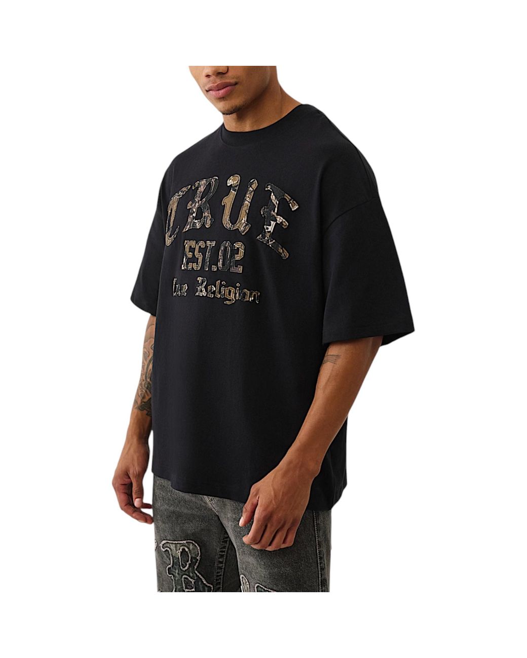 True Religion Black Oversized T Shirts Drop Shoulder Tee for men