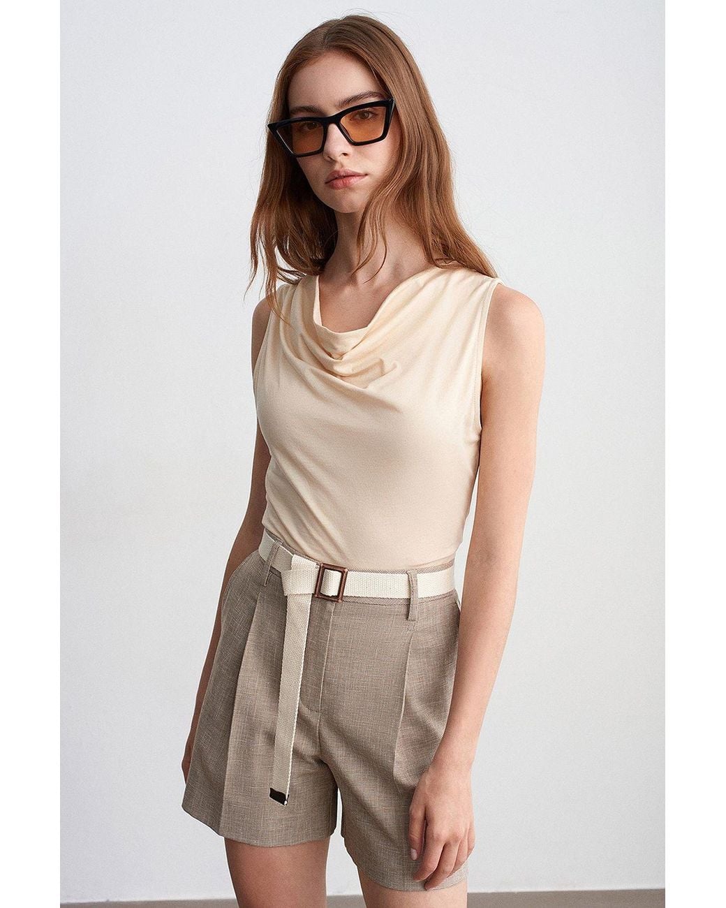 Dilvin Natural Belted High-Waist Tailored Shorts