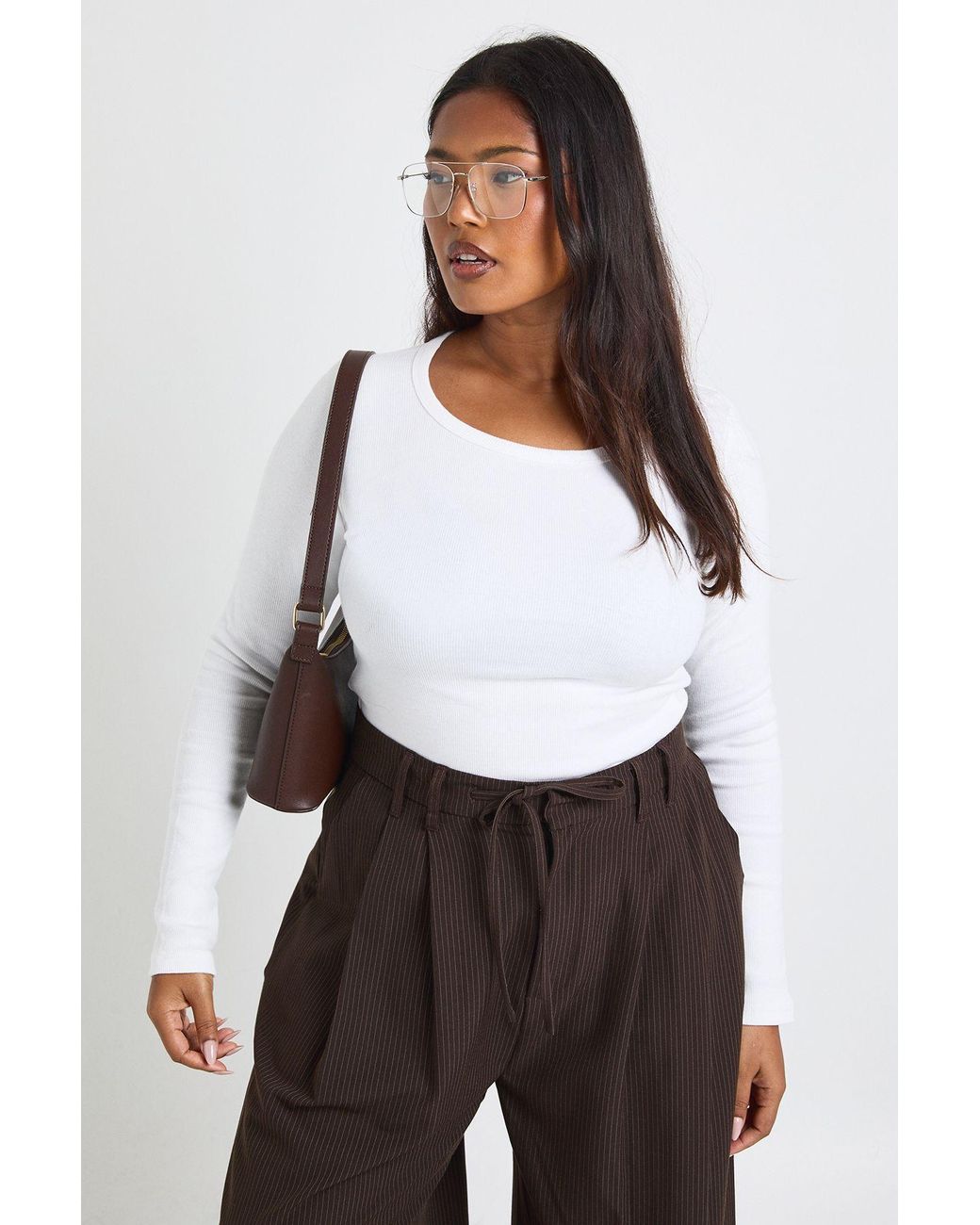 Boohoo White Plus Basic Rib Scoop Neck Longline Long Sleeve Fitted Top