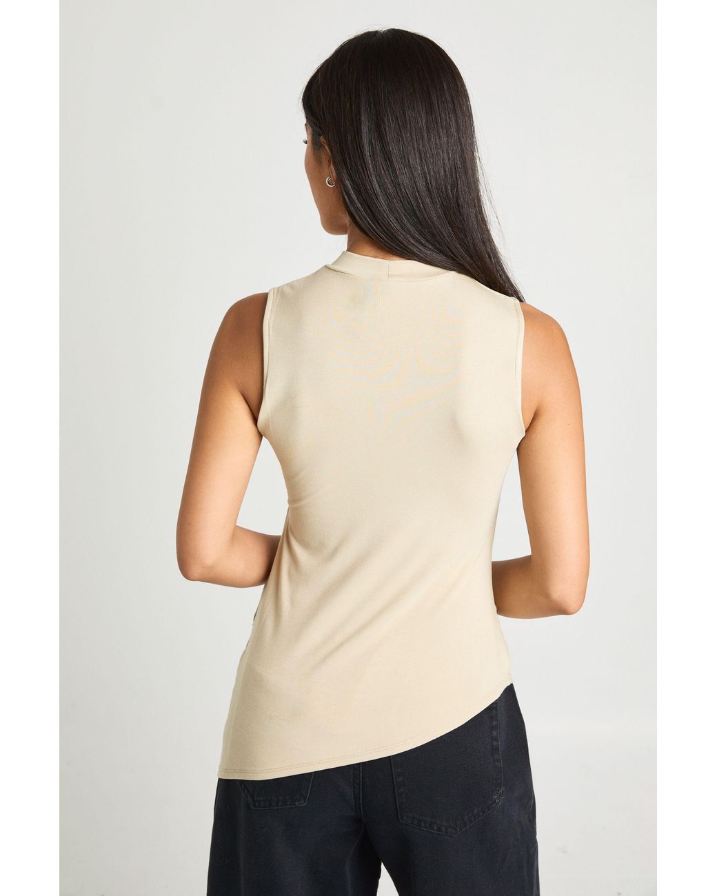 Boohoo Natural Super Soft Rib High Neck Ruched Asym Top