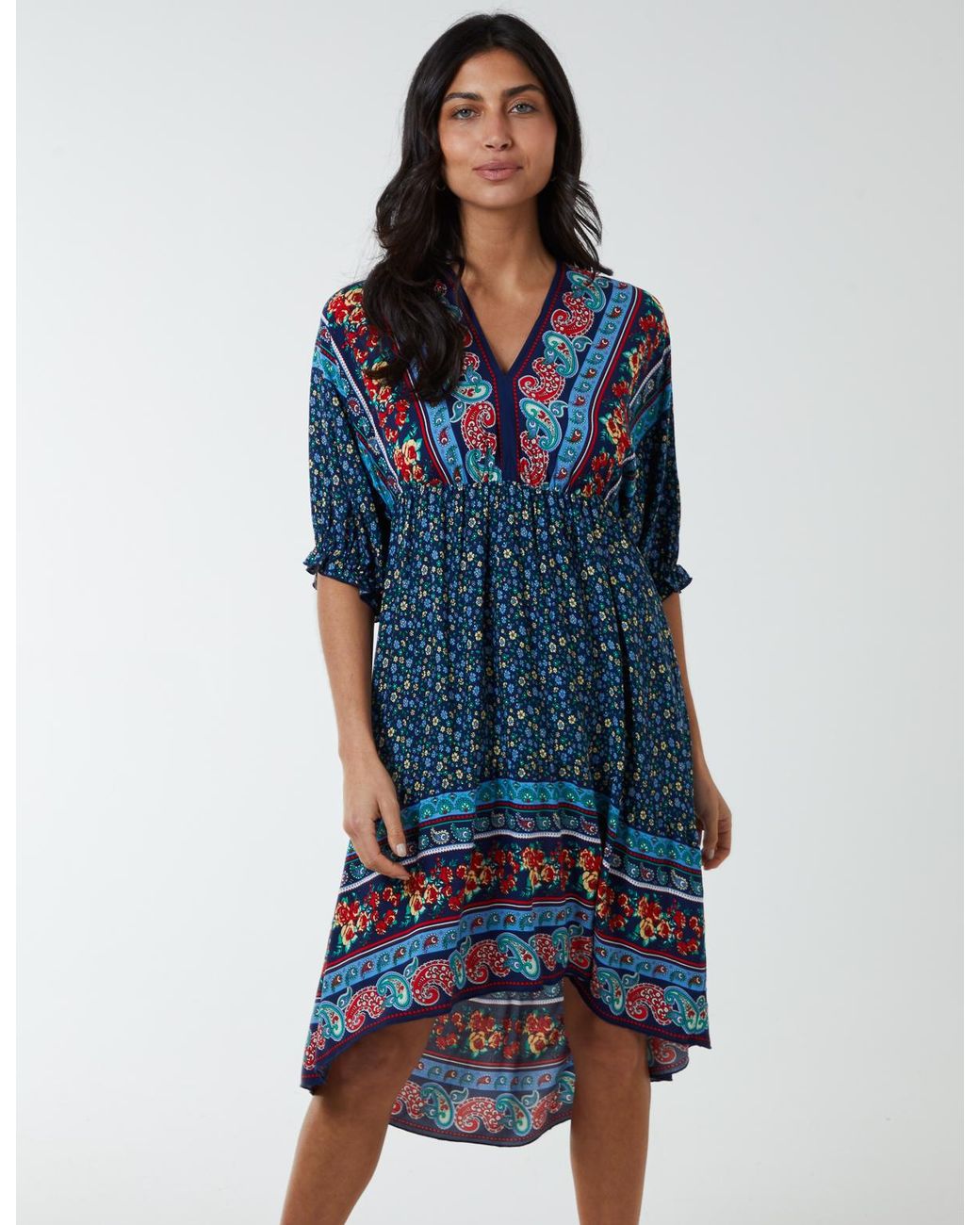 Blue Vanilla Blue V Neck Batwing High Low Dress