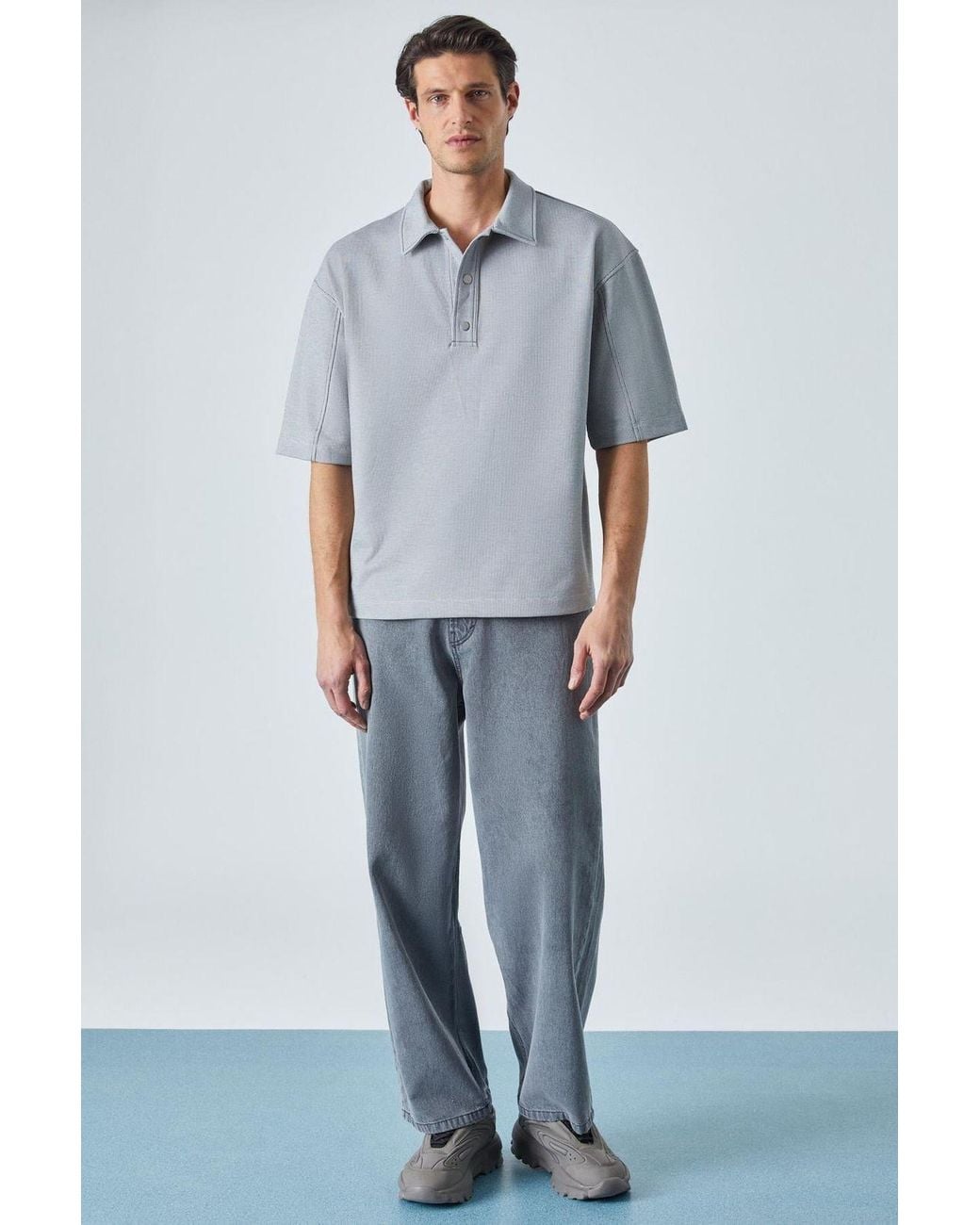 Grimelange Gray Oversized Polo Collar Button T-Shirt for men
