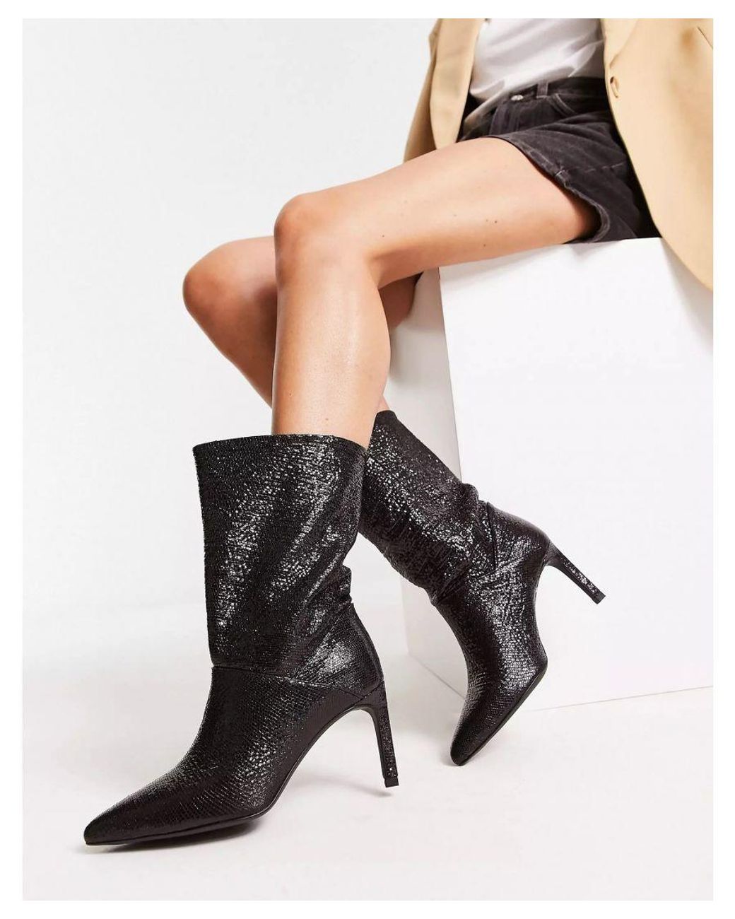 AllSaints Allsaints Orlana Leather Shimmer Boots in Black | Lyst UK