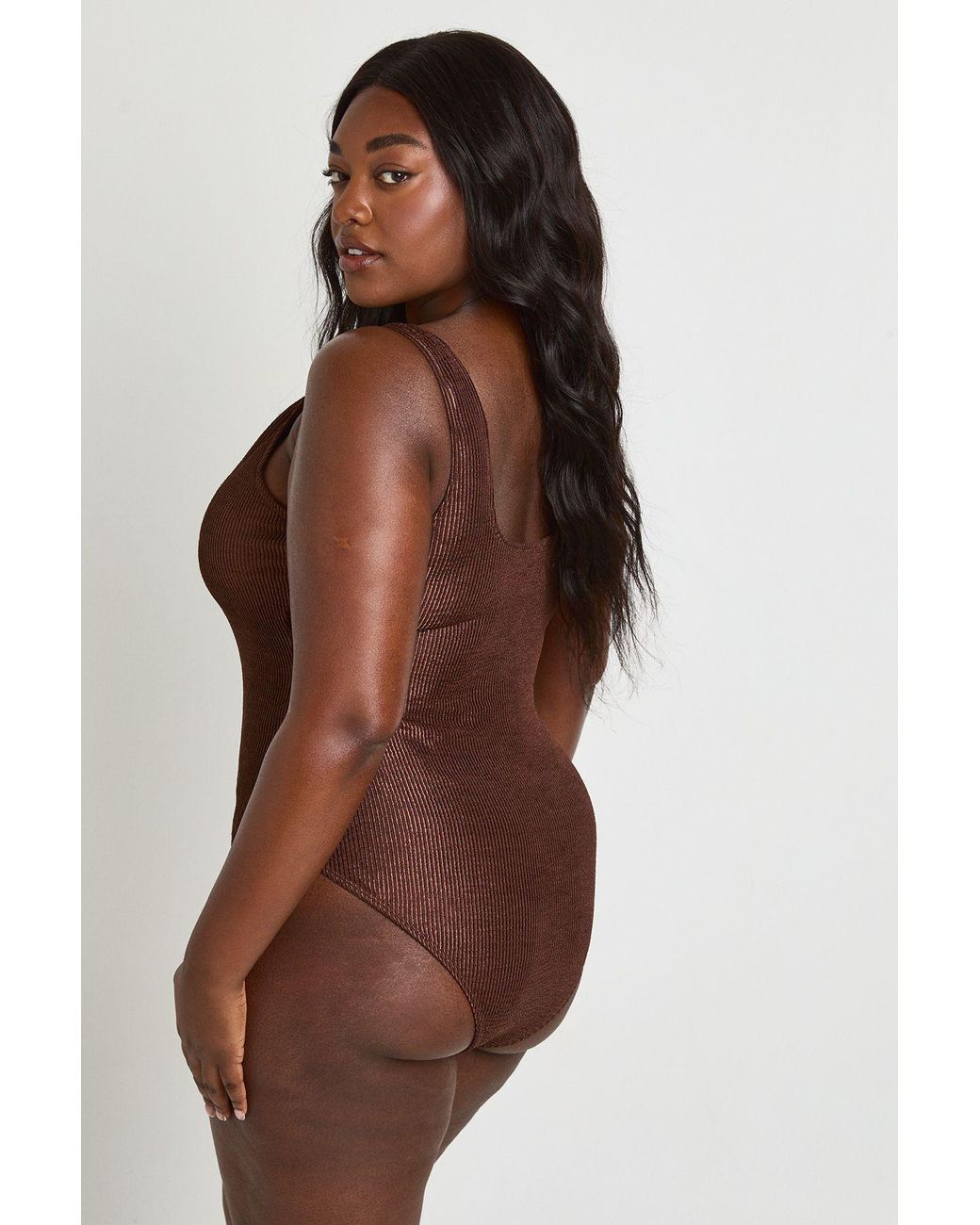Boohoo Brown Plus Metallic Crinkle Knot Swimsuit