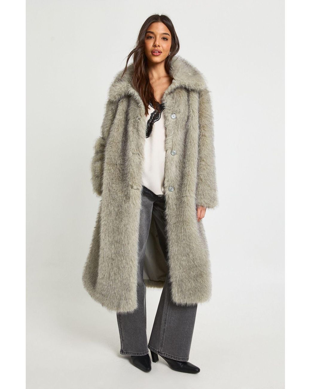 Boohoo Natural Collared Button Up Midaxi Fur Coat