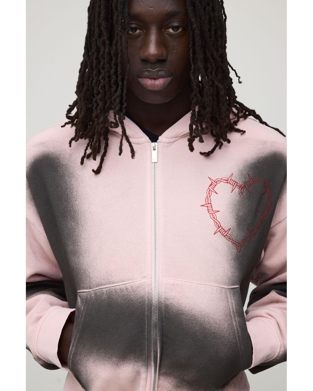 BoohooMAN Pink Shrunken Fit Dirty Wash Gothic Heart Zip Through Hoodie for men