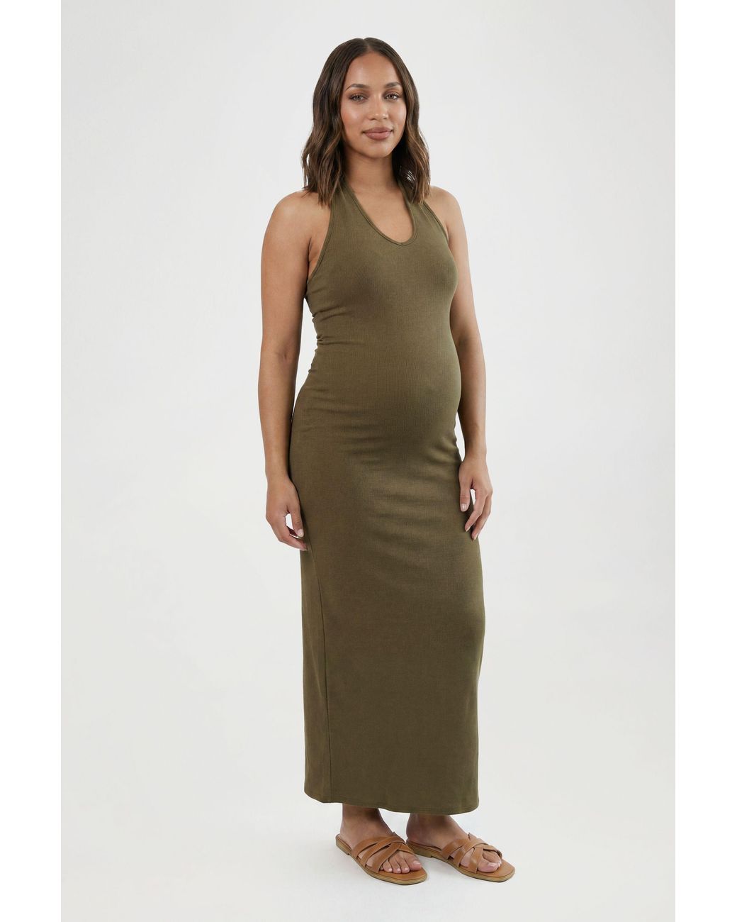 Boohoo Green Maternity Rib Halterneck Maxi Dress