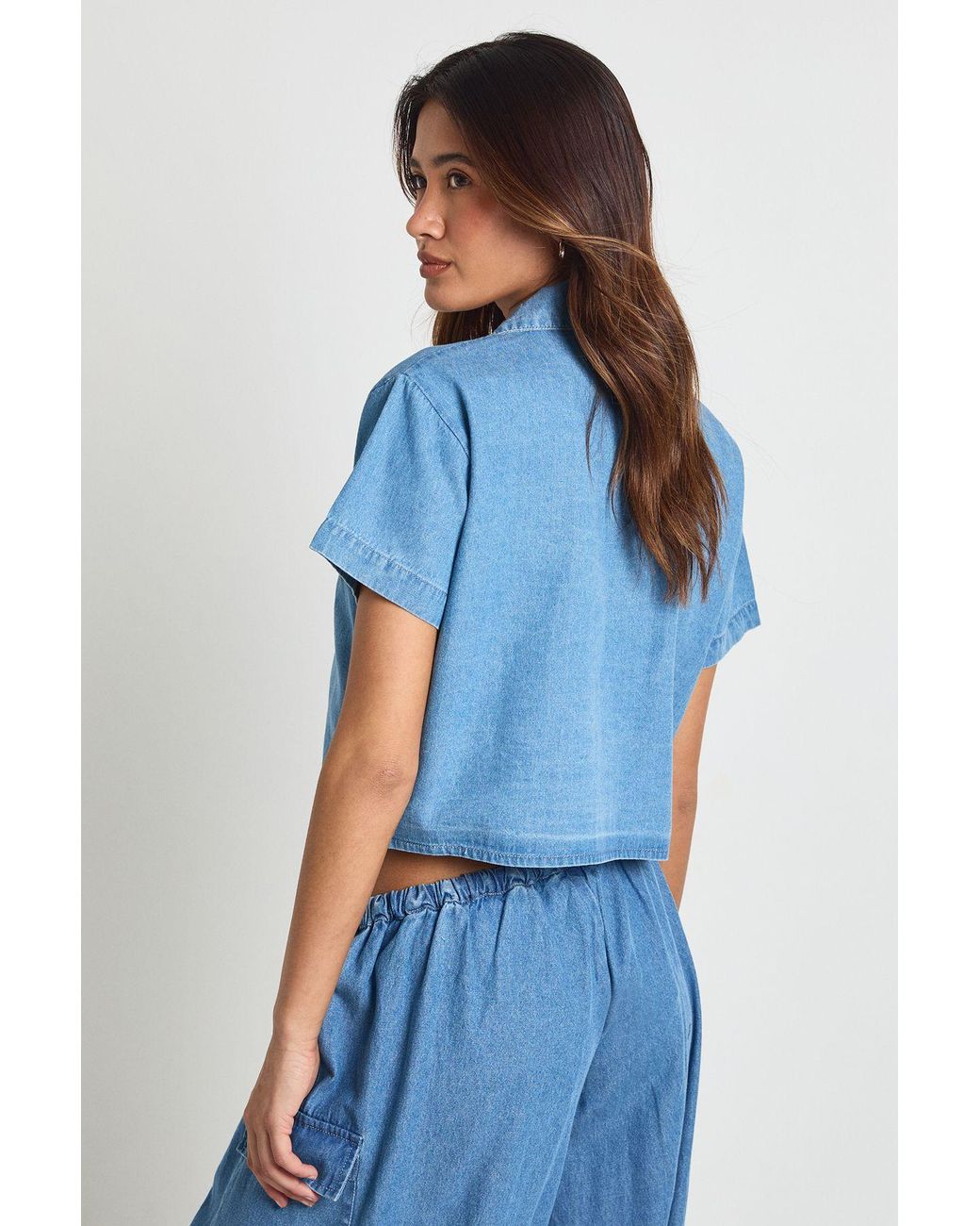 Boohoo Blue Chambray Cropped Short Sleeve Shirt