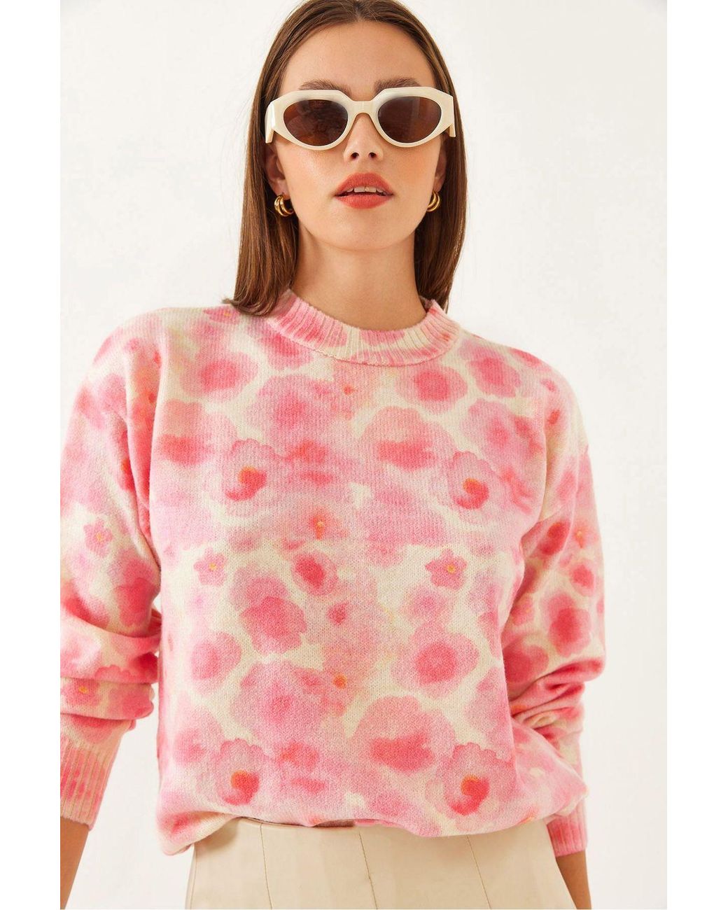 Bianco Lucci Pink Pattern Knit Sweater With Crew Neck