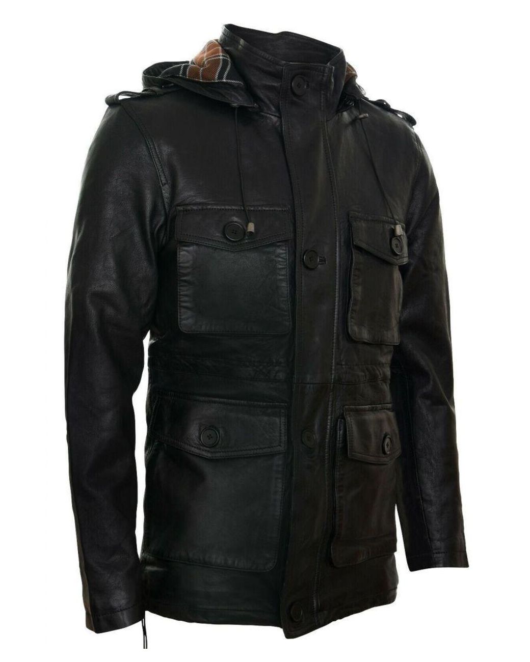 Infinity Leather Black Hooded Trench Multi-Pocket Overcoat Jacket for men