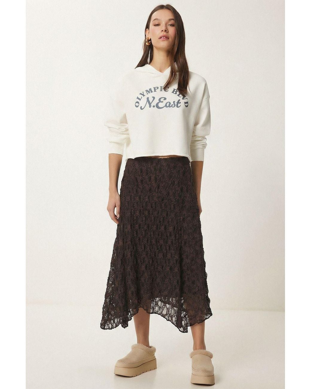 Happiness İstanbul White High Waist Lace Midi Skirt