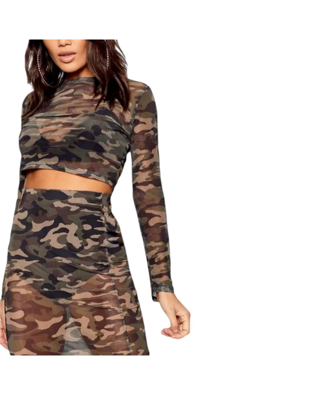 Brave Soul Black Sets Camo Print Stretch Ladies Mesh Crop Top Midi Skirt
