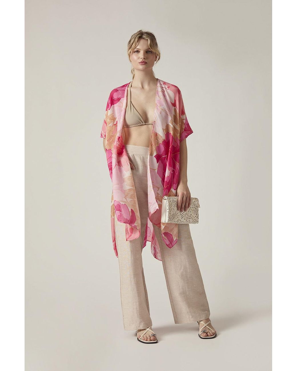 James Lakeland Pink Peony Floral Print Beach Kaftan Cover-Up