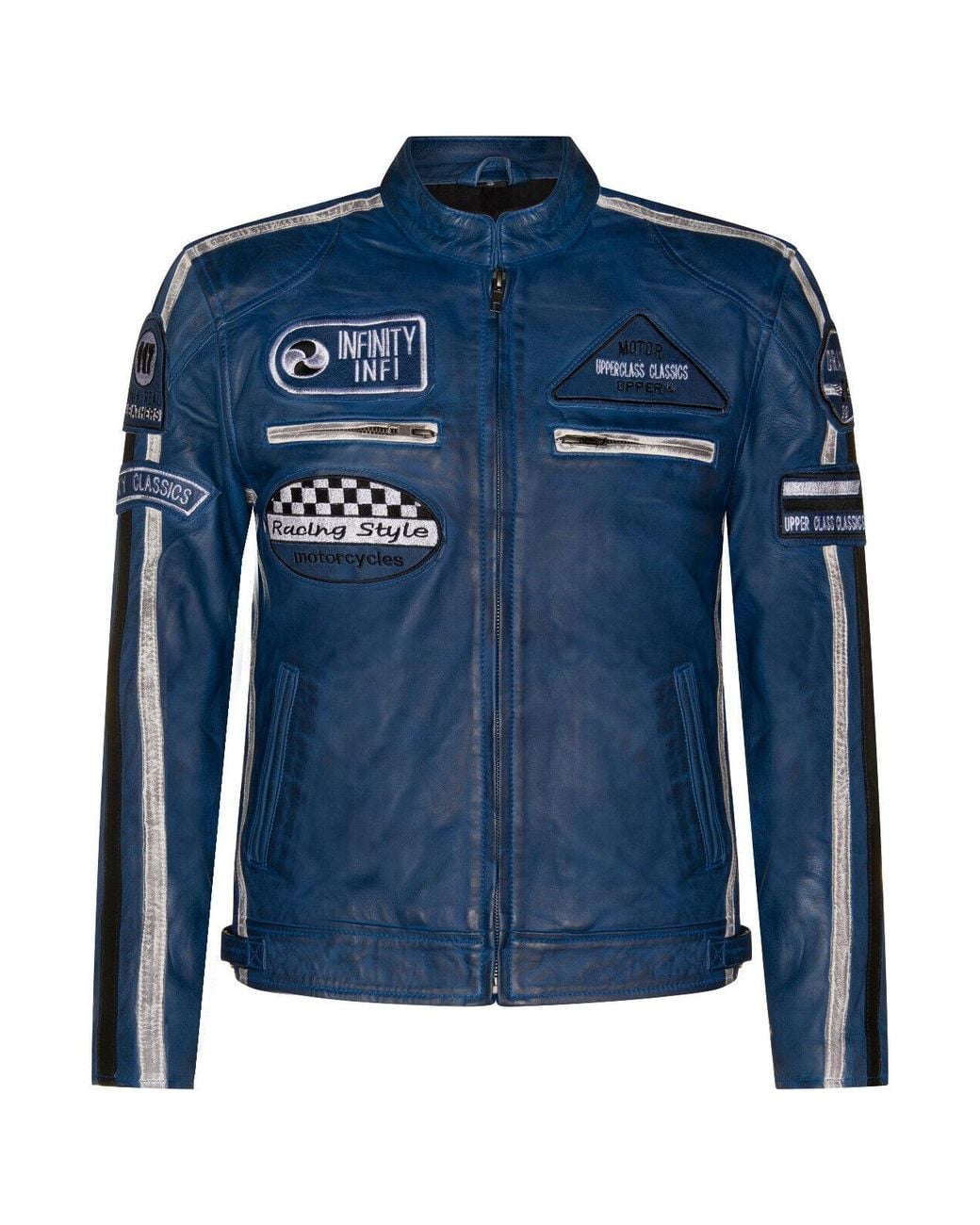 Infinity Leather Blue Zipped Racing Biker Moto Jacket for men