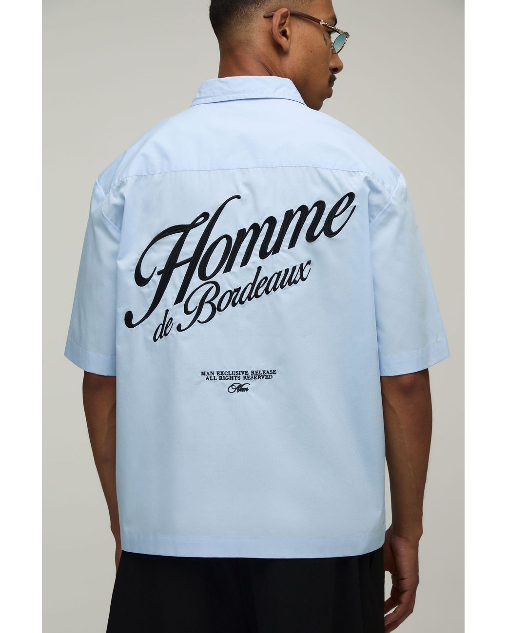 BoohooMAN Gray Oversized Half Sleeve Back Embroidered Shirt for men