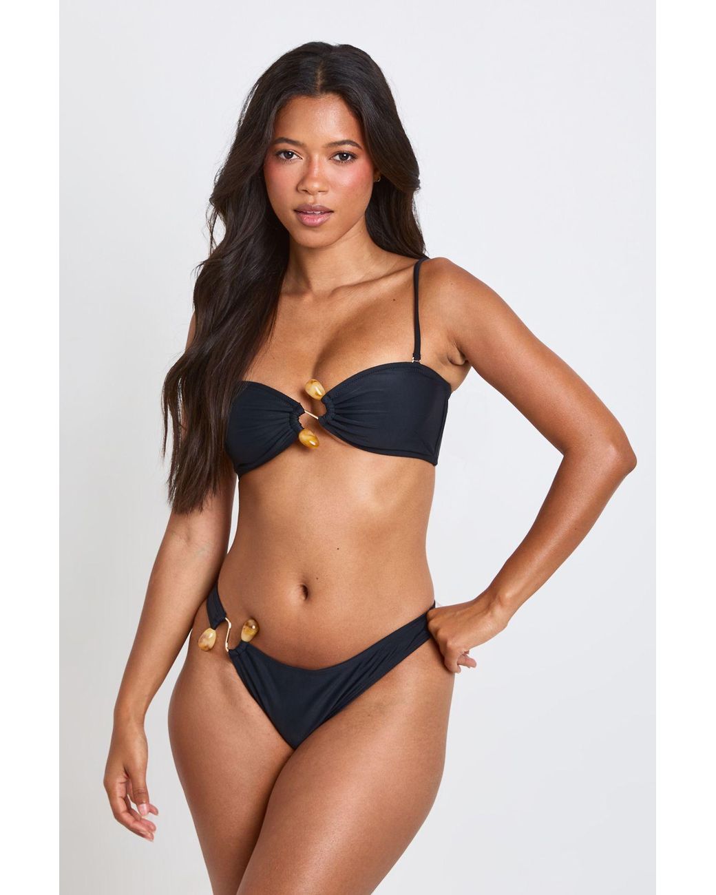 Boohoo Black Trim Detail Plunge Top And Brief Bottom Bikini Set