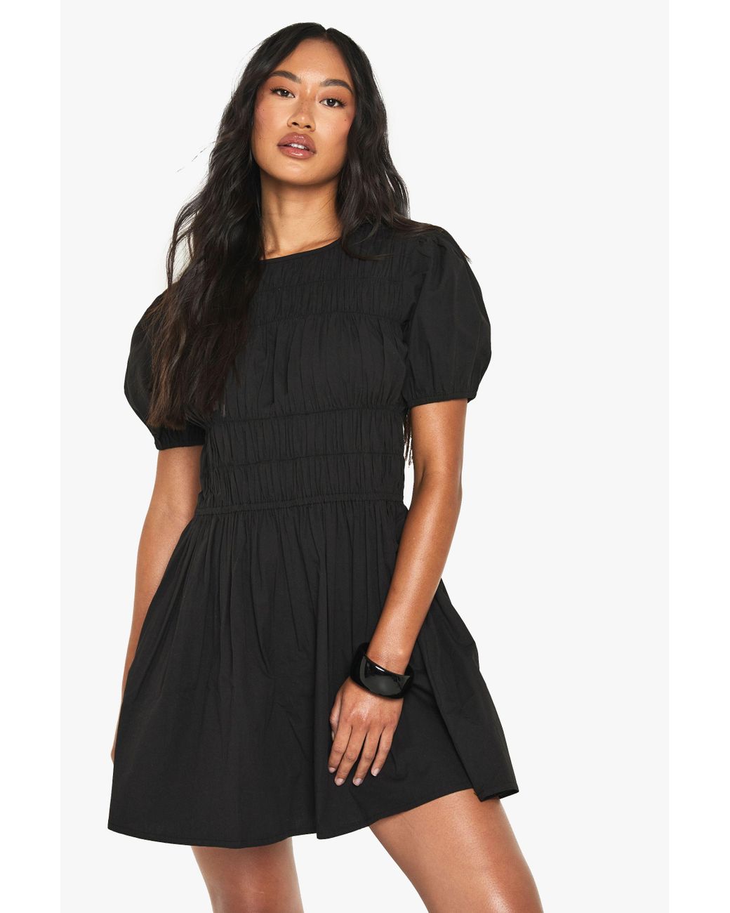 Boohoo Black Cotton Poplin Shirred Mini Dress