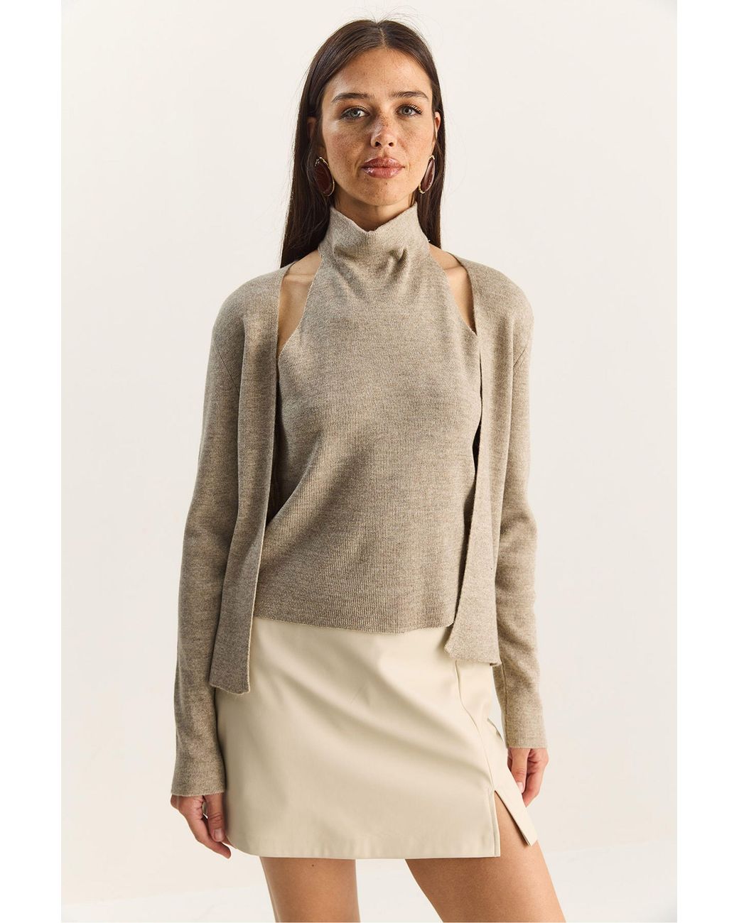 Bianco Lucci Natural Half Turtleneck Cut Out Ribbed Blouse
