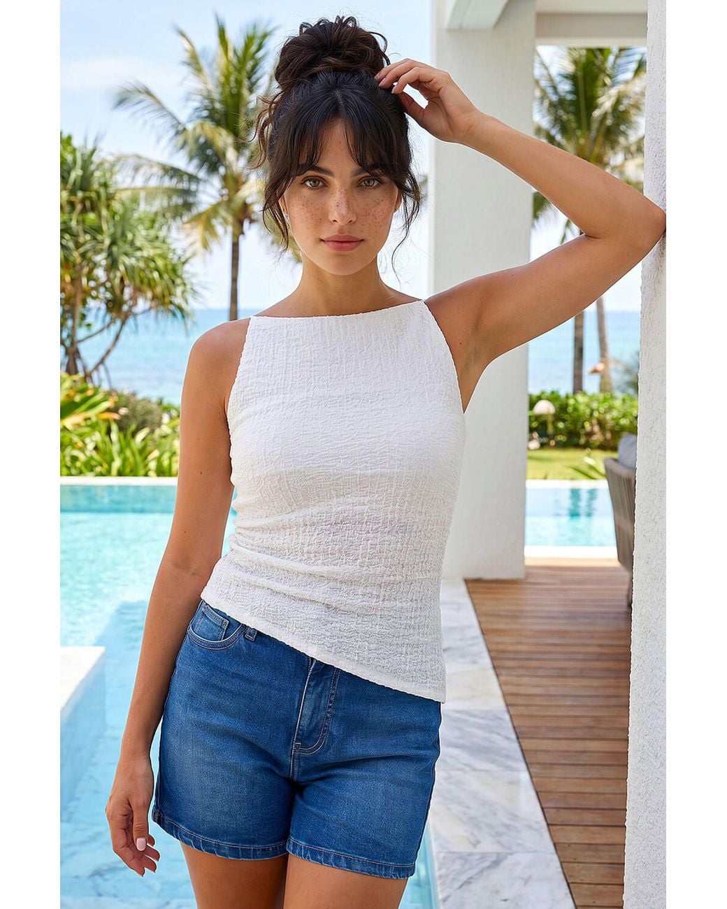 D.u.s.k White Textured Ruched Top