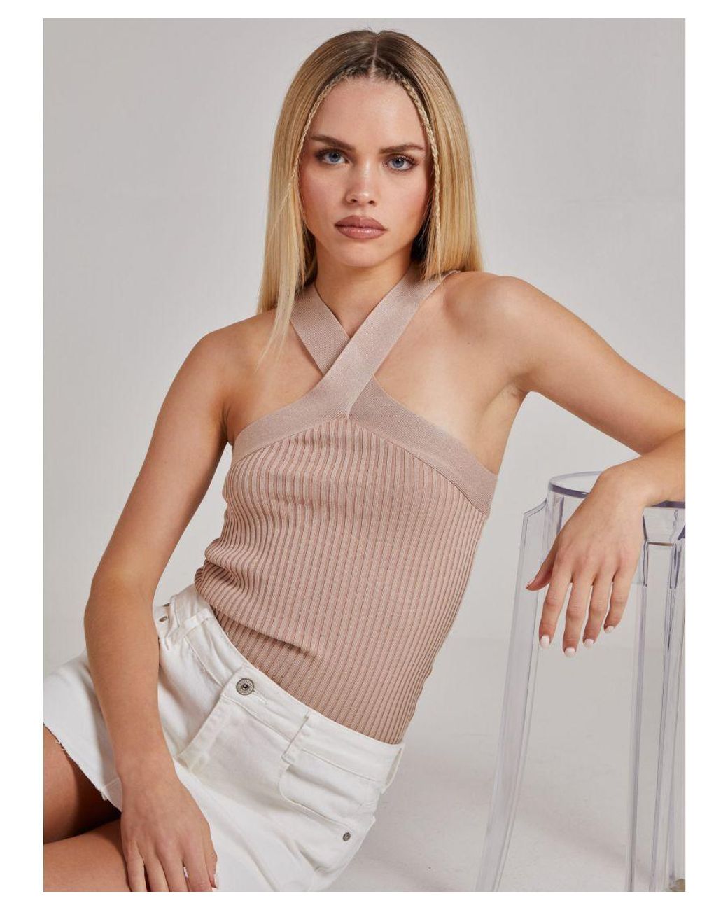 Pink Vanilla Gray Ribbed Sleeveless Halter Neck Top