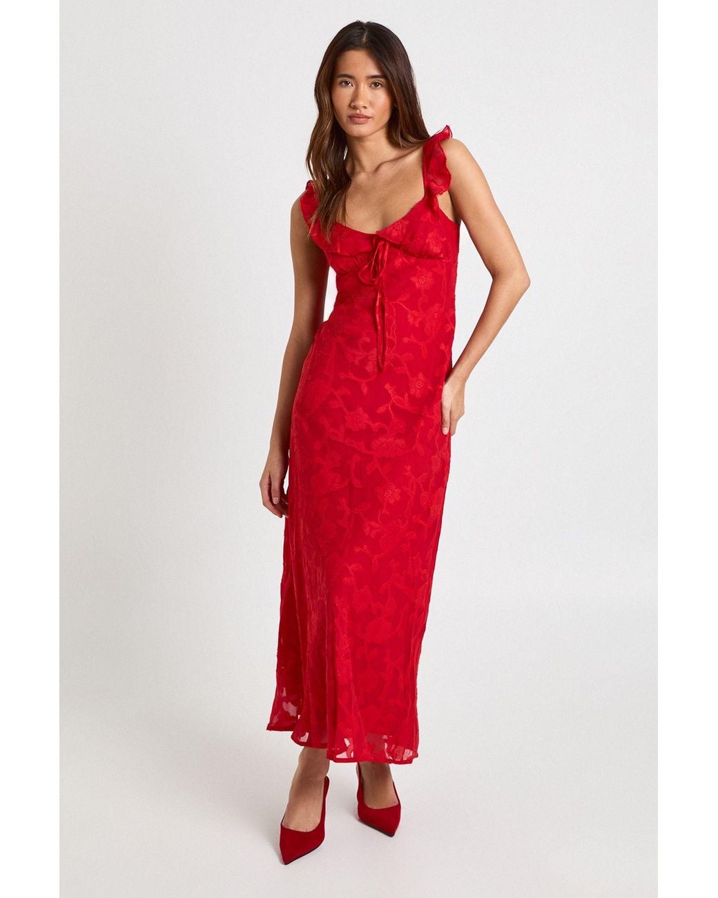 Boohoo Red Floral Burnout Ruffle Strap Slip Dress
