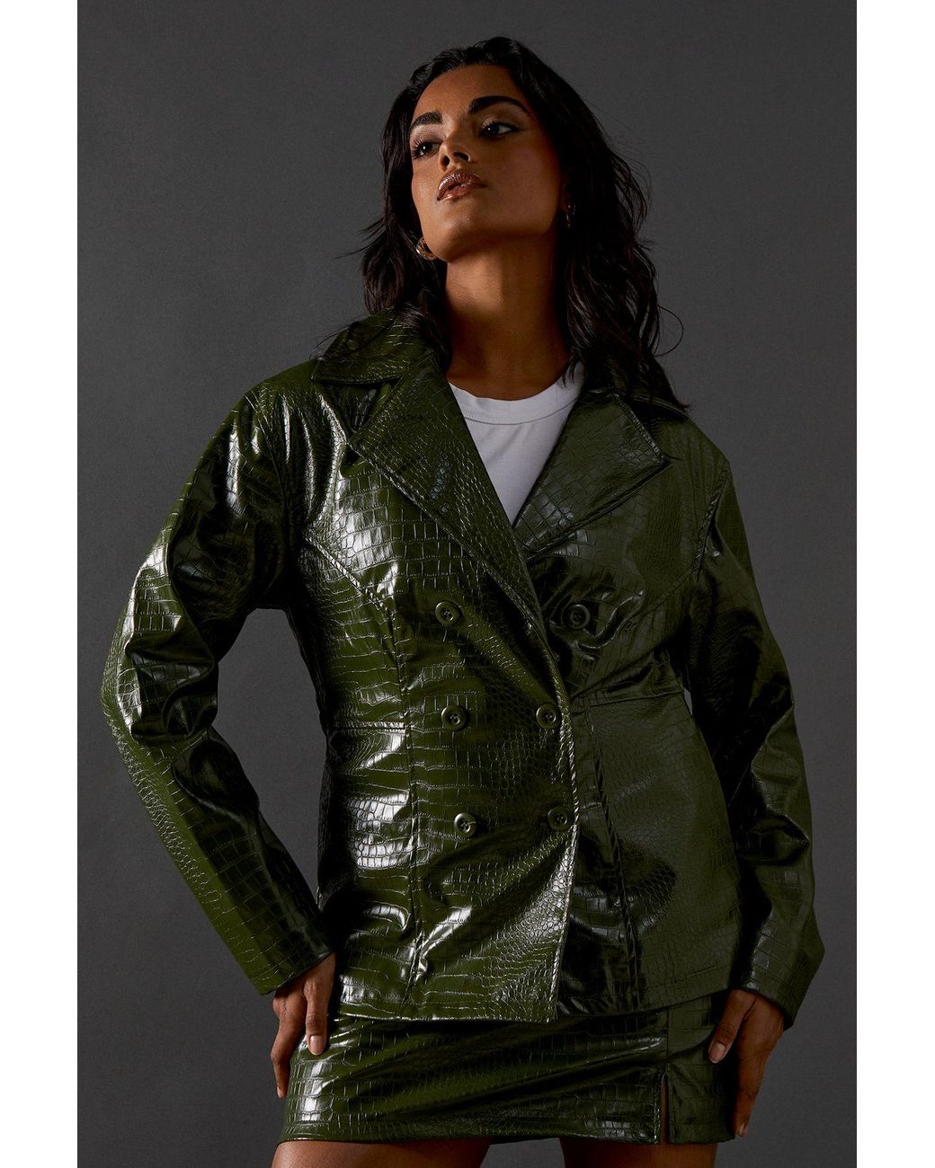 Warehouse Green Croc Waist Detail Faux Leather Jacket