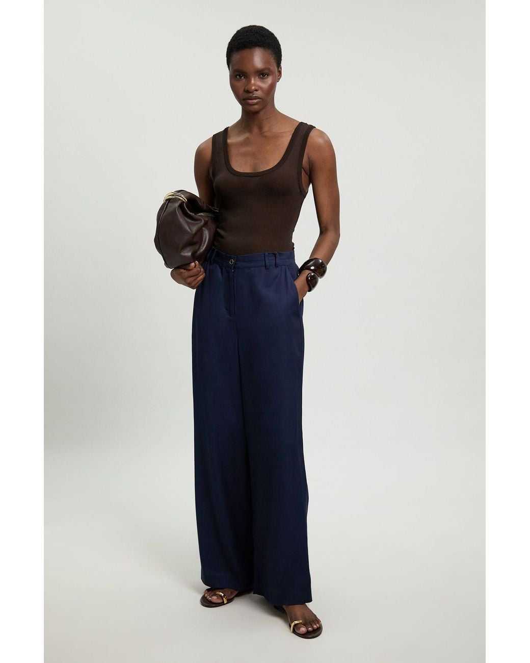 Karen Millen Blue Premium Viscose Linen Woven Straight Leg Trouser