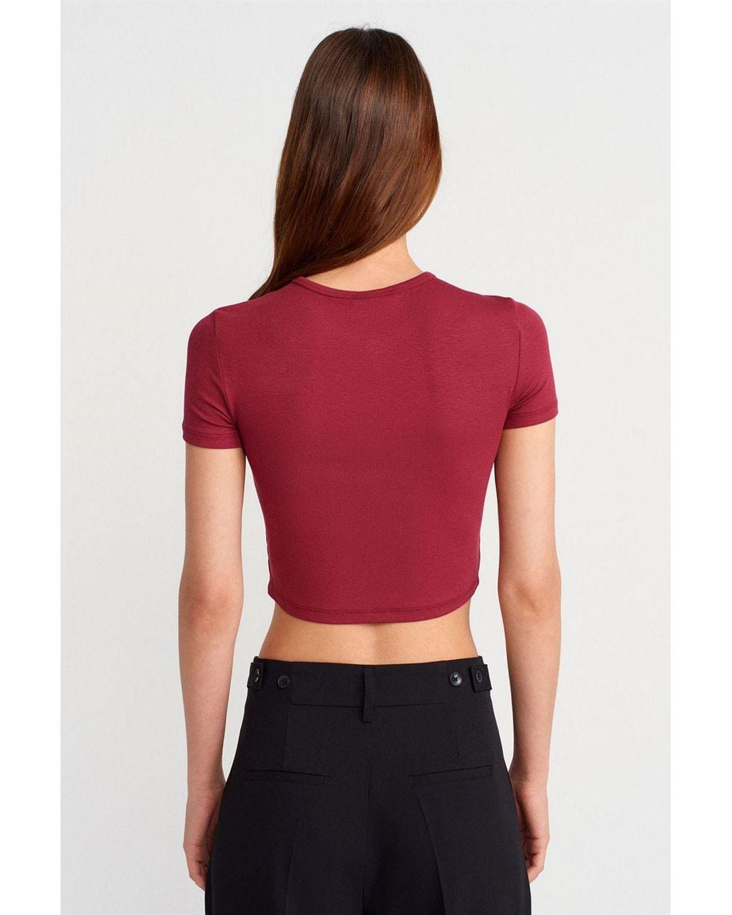 Dilvin Red Slim Fit Crop Blouse With Buttons