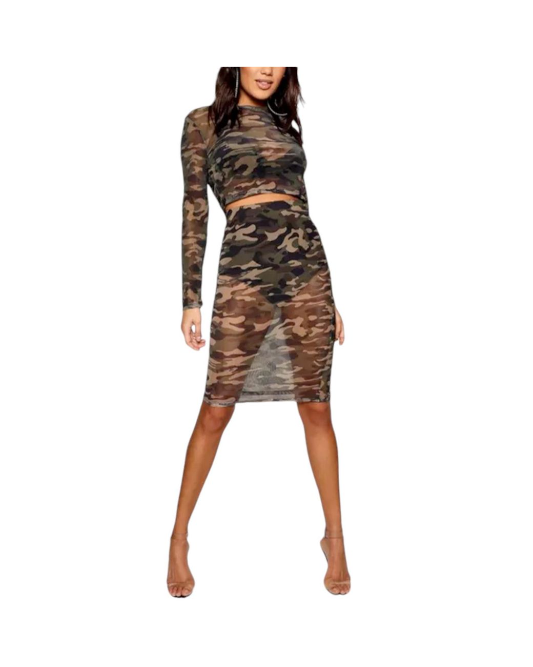 Brave Soul Black Sets Camo Print Stretch Ladies Mesh Crop Top Midi Skirt