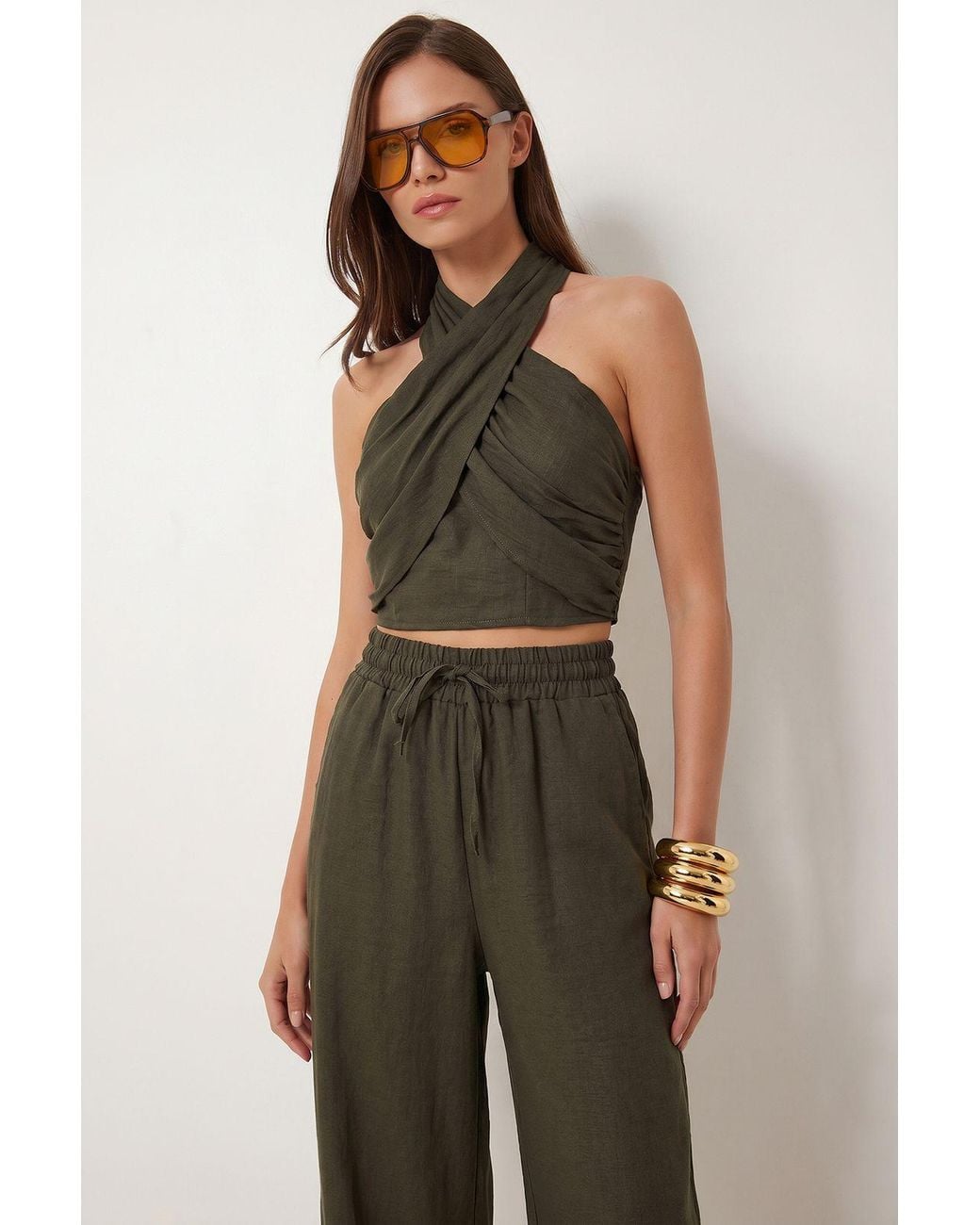 Happiness İstanbul Green Halter Blouse And Wide-Leg Trousers Set