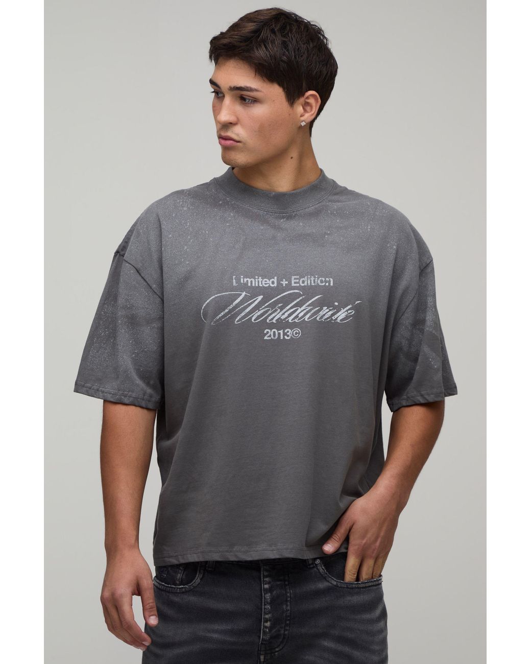 BoohooMAN Gray Oversized Boxy Spray Wash Print T-Shirt Cotton for men