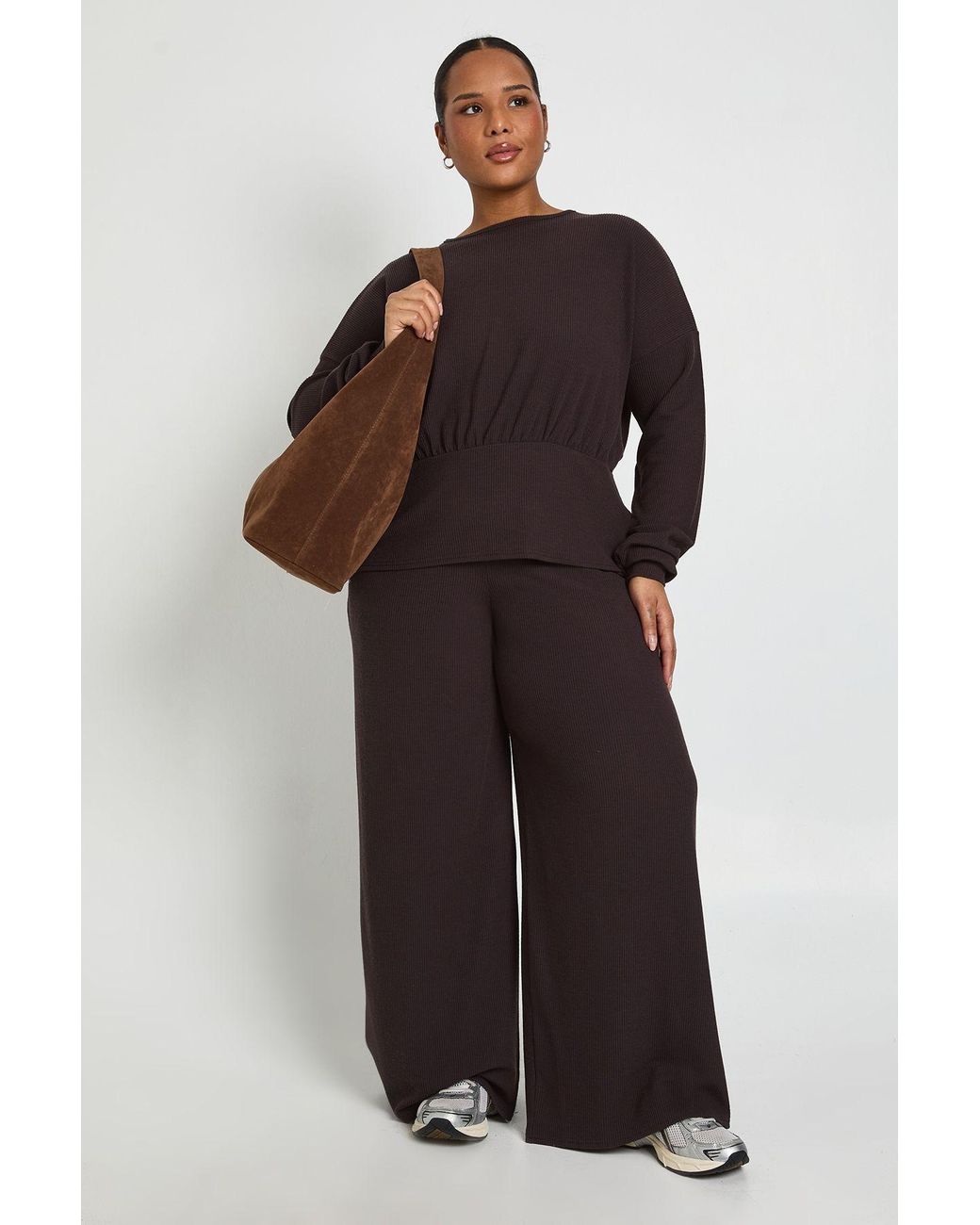 Boohoo Brown Plus Cinched Waist Long Sleeve Top And Trouser Co Ord