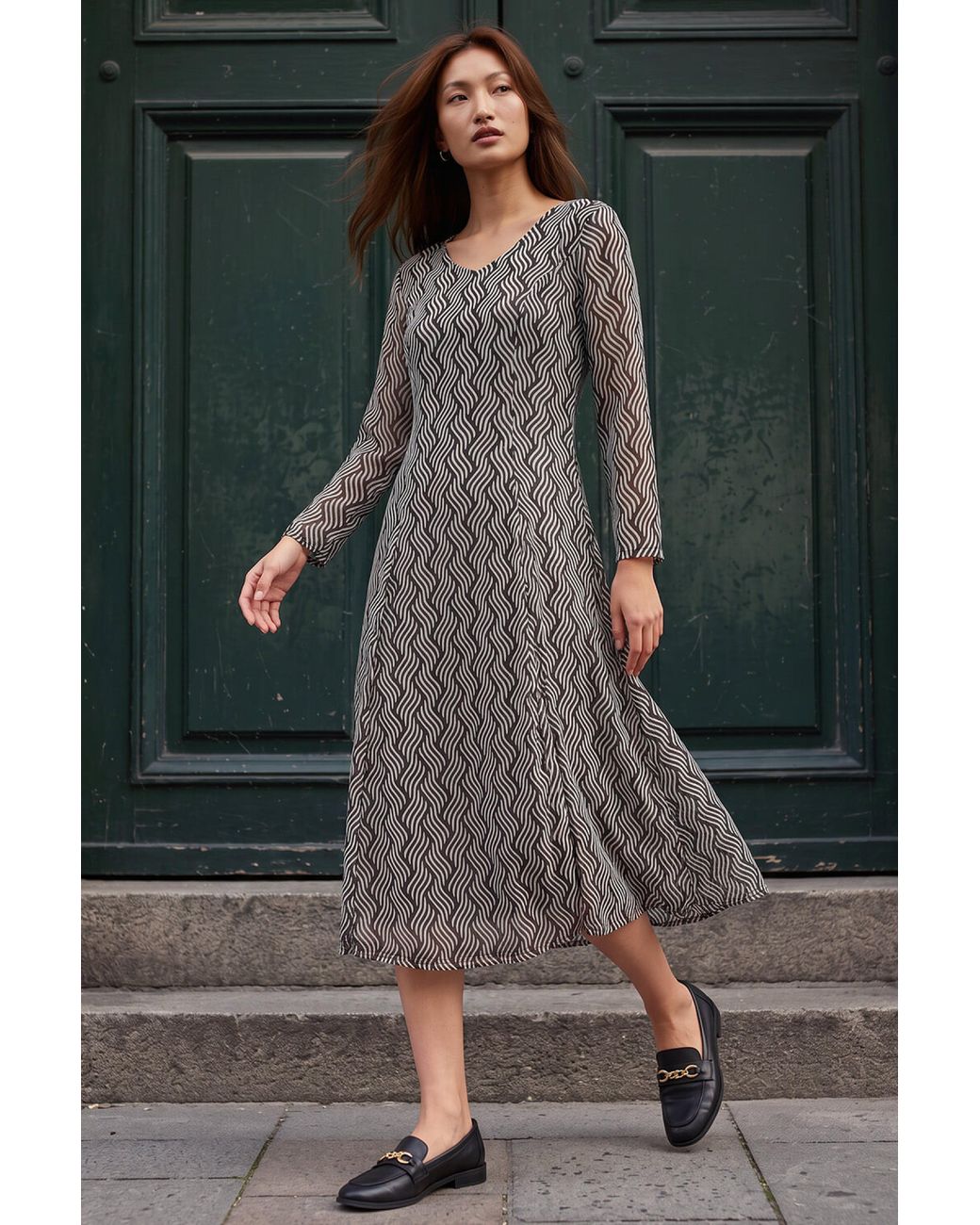 Roman Gray Geo Print Mesh Midi Dress
